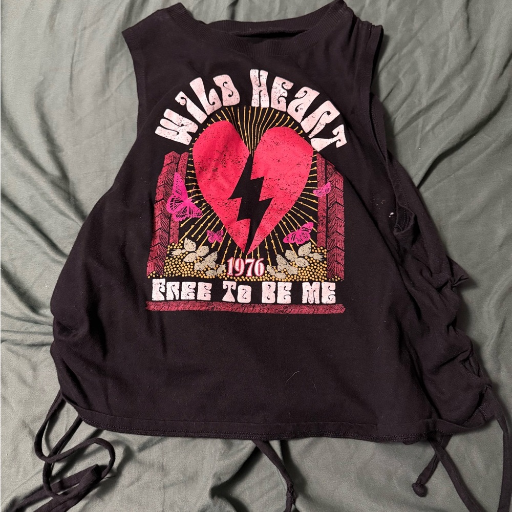 Black Graphic Tank Top with Pink Heart Design